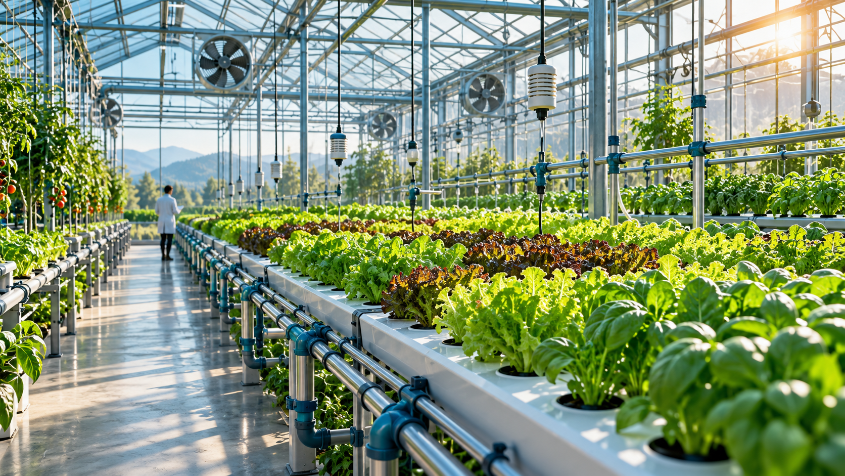 Illustrative concept of a hydroponic greenhouse with climate controls and irrigation